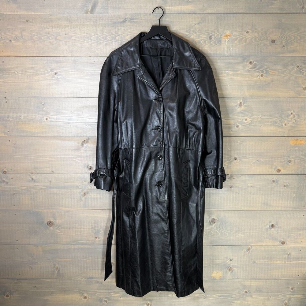 Vintage 1970s Black Leather Belted Trench Coat Fits Women's L-XL